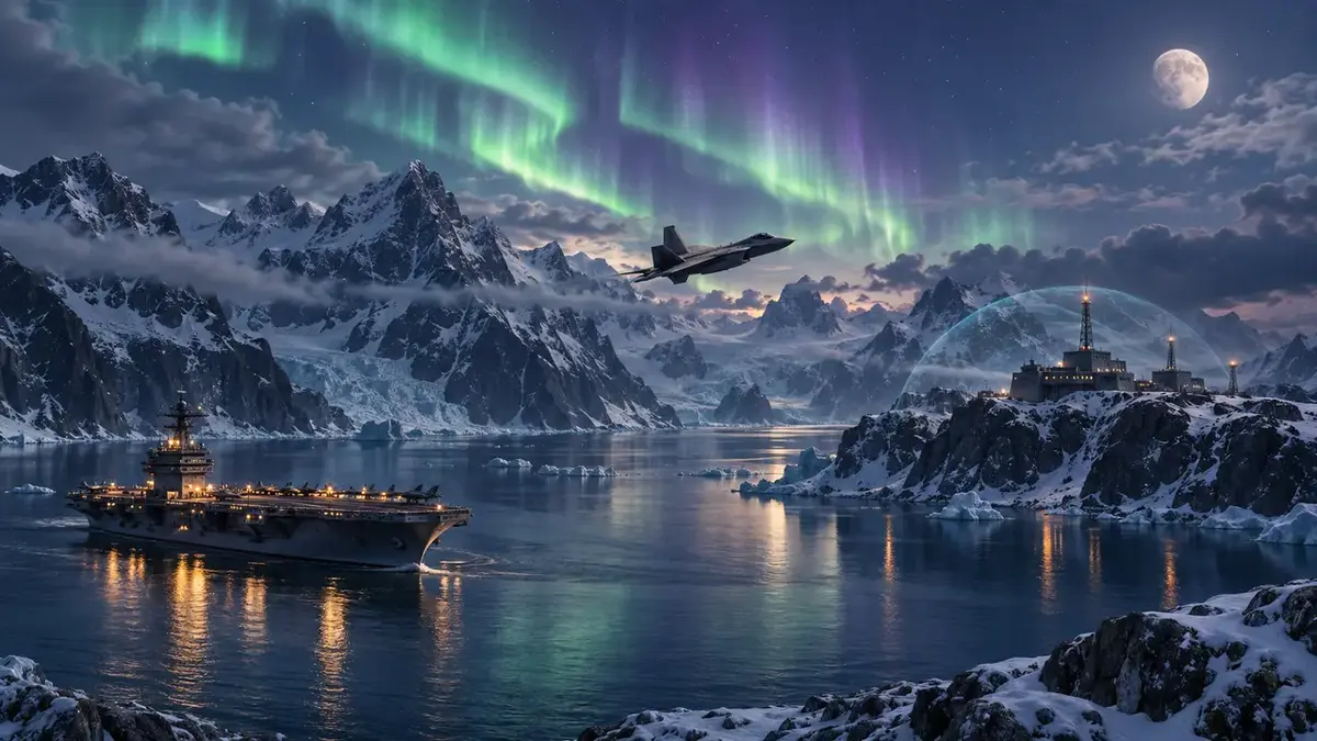 Stíhačka nad zasněženým fjordem s polární září a letadlovou lodí – ilustrace z Mercury Squadron