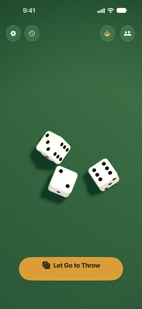 Three dice tumbling in the air on green felt while the roll button is held