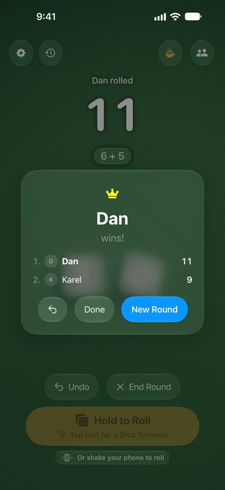 The result card: Dan wins, with the crown