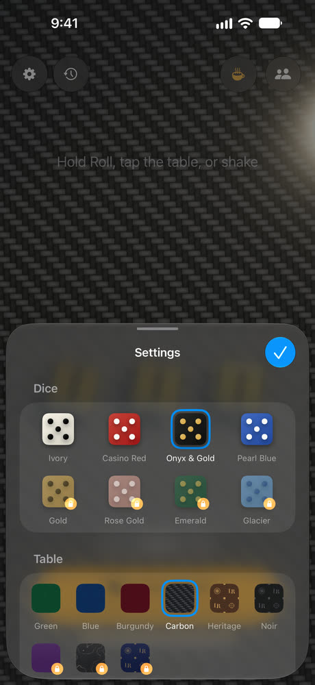 Settings with dice and table styles, over carbon fiber