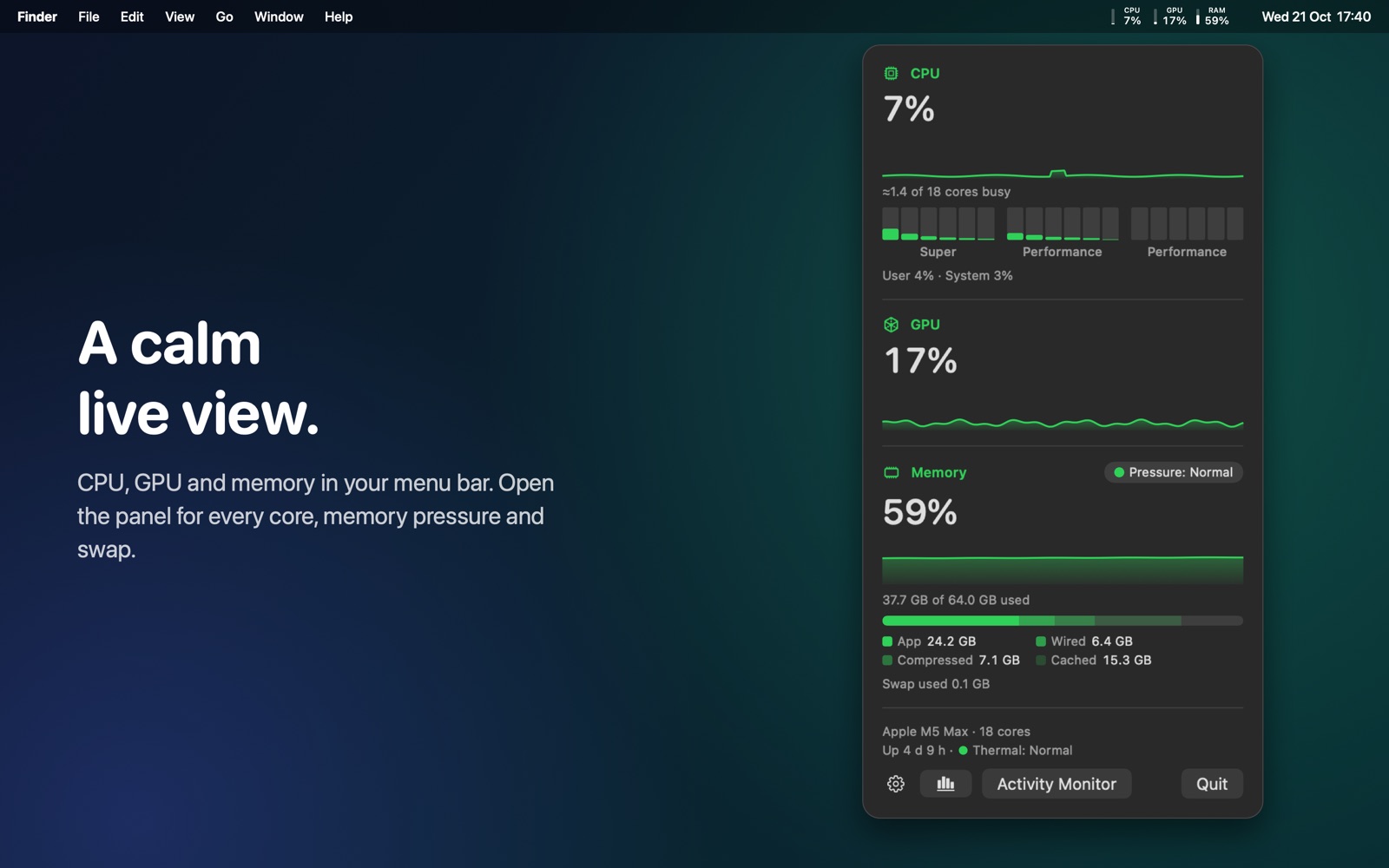 Macometr's live panel below the menu bar: CPU 7% with every core grouped by cluster, GPU 17%, memory 59% with normal pressure, compression and swap.