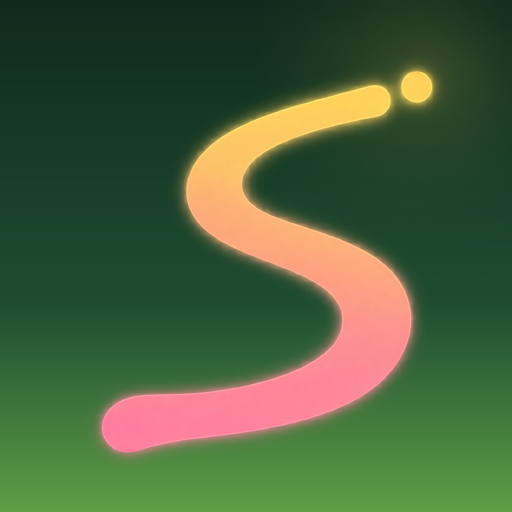 MoveStory app icon: a glowing S-shaped path, pink to gold, on forest green